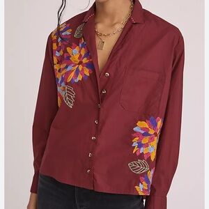 Anthropologie Maeve Burgundy Floral Embroidered Blouse 14